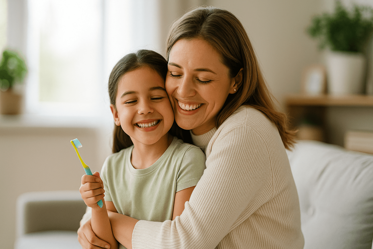 Mother hugging her child holding a toothbrush.